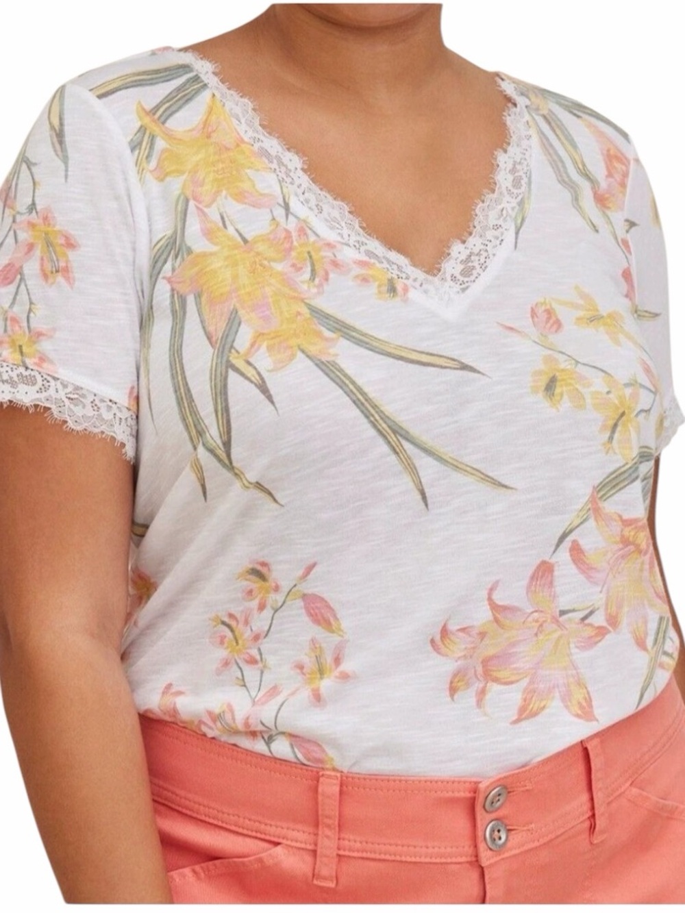 Torrid Classic Fit Floral Lace Trim V-Neck Tee Top White Pink Yellow Size 3X